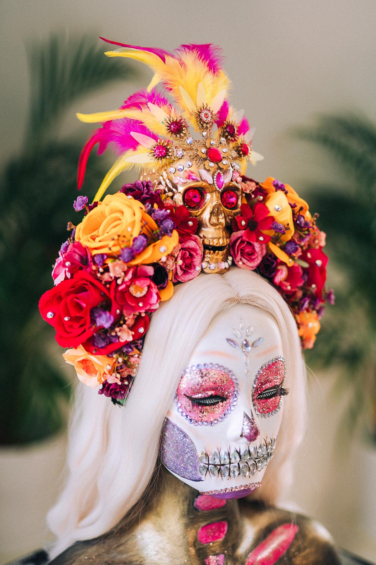 SALE Golden Skull Flower Crown, Día De Los Muertos, Mexican Headdress, Sugar Skull Halo, Day Of The Dead Crown, Halloween Costume Headpiece