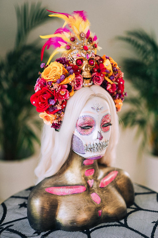SALE Golden Skull Flower Crown, Día De Los Muertos, Mexican Headdress, Sugar Skull Halo, Day Of The Dead Crown, Halloween Costume Headpiece