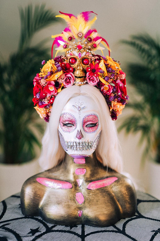 SALE Golden Skull Flower Crown, Día De Los Muertos, Mexican Headdress, Sugar Skull Halo, Day Of The Dead Crown, Halloween Costume Headpiece