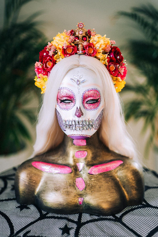 Golden Skull Flower Crown, La Catrina Headpiece, Dia De Los Muertos, Sugar Skull Crown, Halloween Costume, Frida Kahlo Style, Festival Tiara