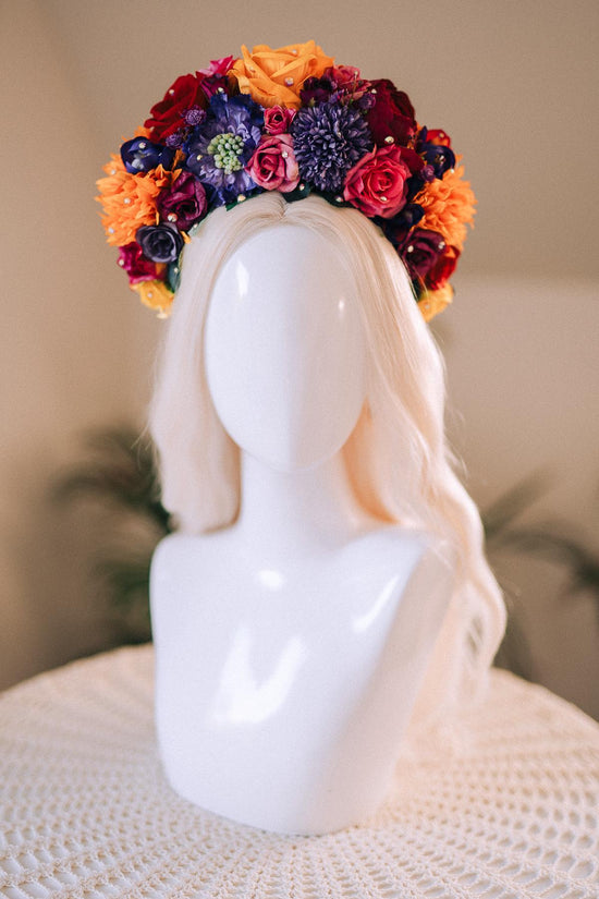 SALE Frida Kahlo Flower Crown, Colorful Halo Crown, Day Of The Dead Headpiece, Mexican Flower Tiara, Festival Costume, Frida Costume