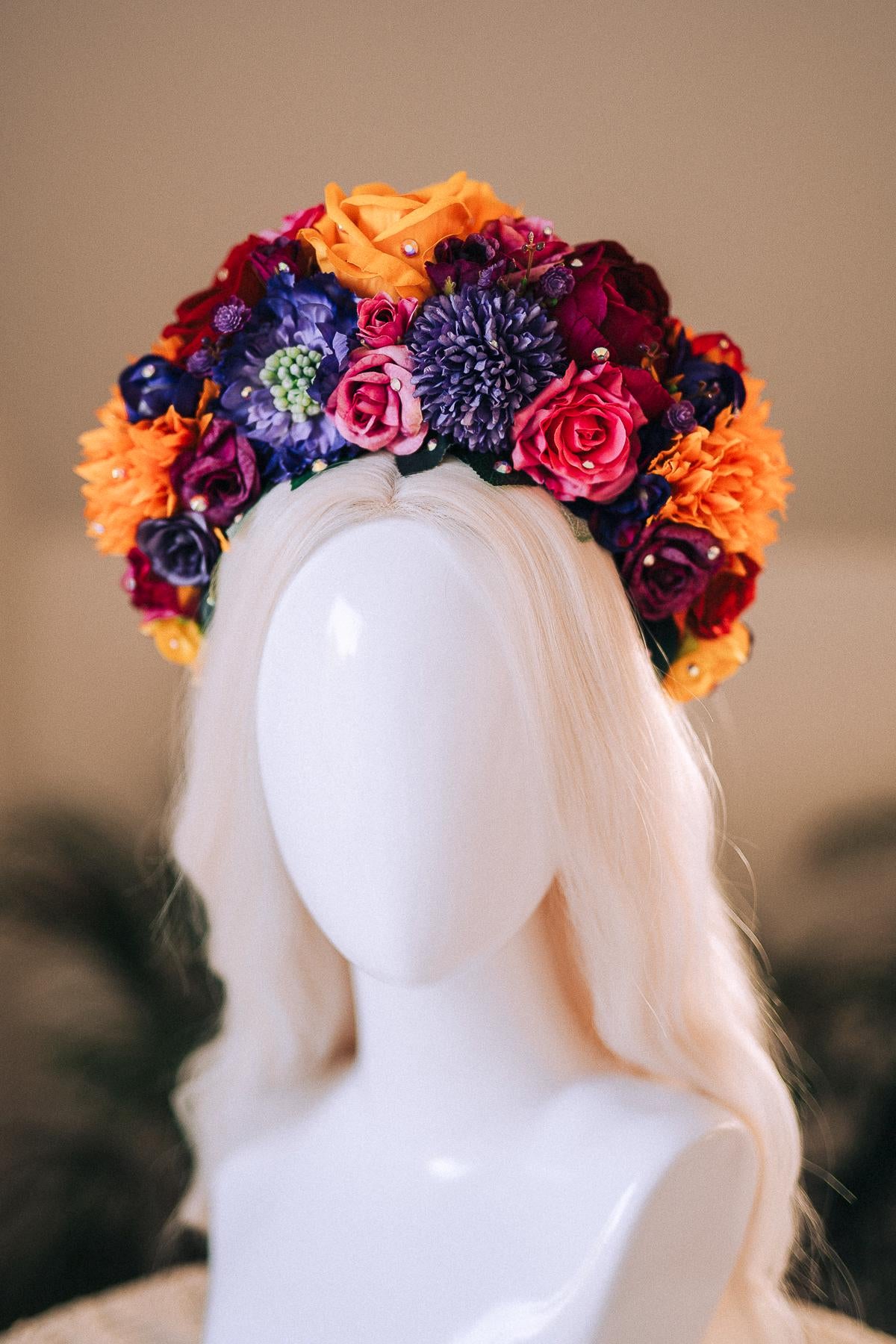 SALE Frida Kahlo Flower Crown, Colorful Halo Crown, Day Of The Dead Headpiece, Mexican Flower Tiara, Festival Costume, Frida Costume