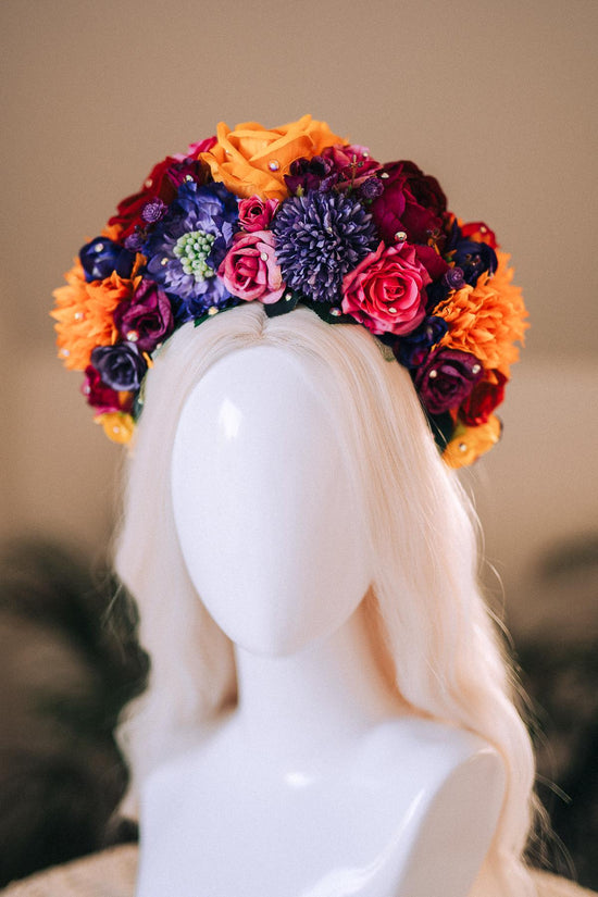 SALE Frida Kahlo Flower Crown, Colorful Halo Crown, Day Of The Dead Headpiece, Mexican Flower Tiara, Festival Costume, Frida Costume