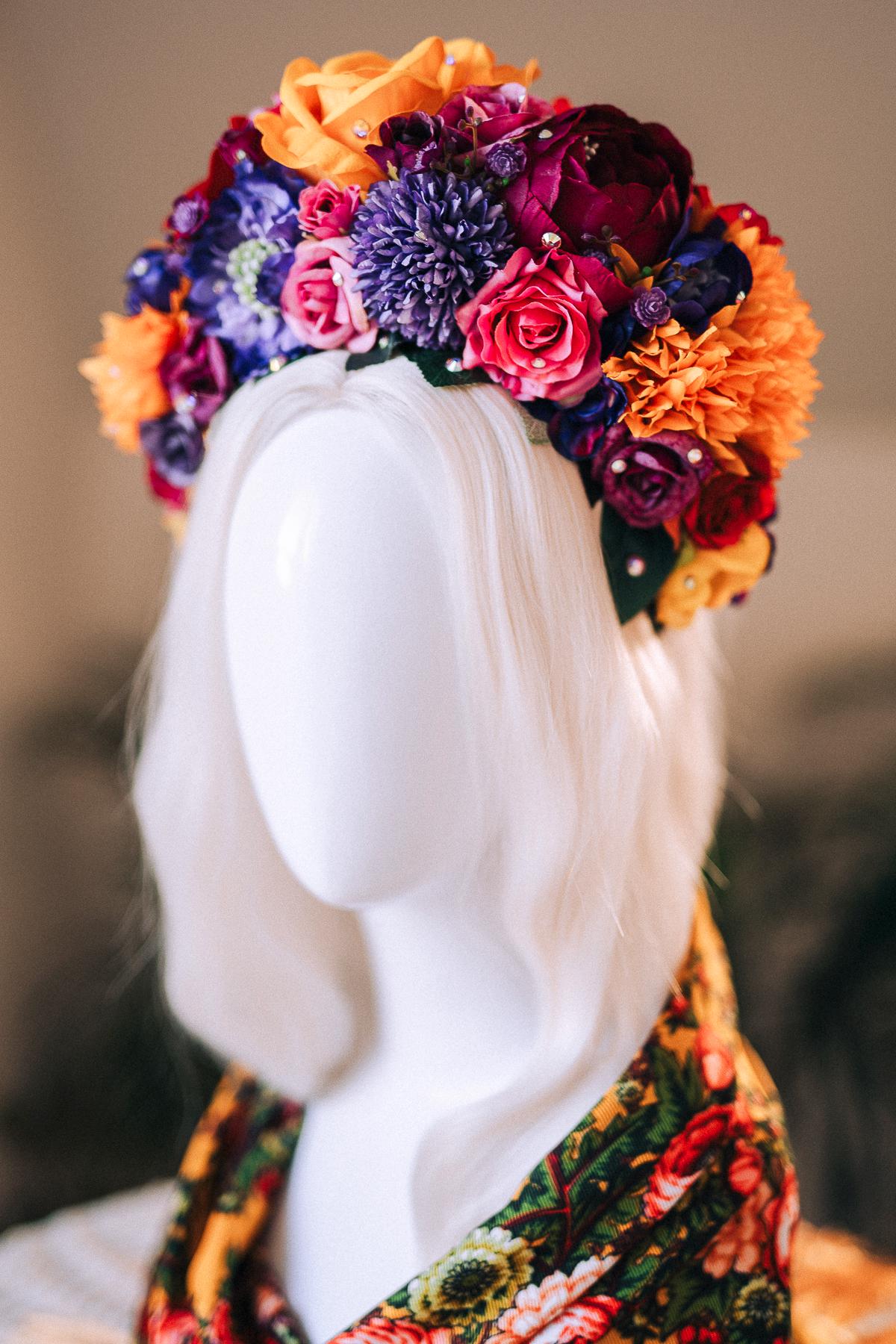 SALE Frida Kahlo Flower Crown, Colorful Halo Crown, Day Of The Dead Headpiece, Mexican Flower Tiara, Festival Costume, Frida Costume