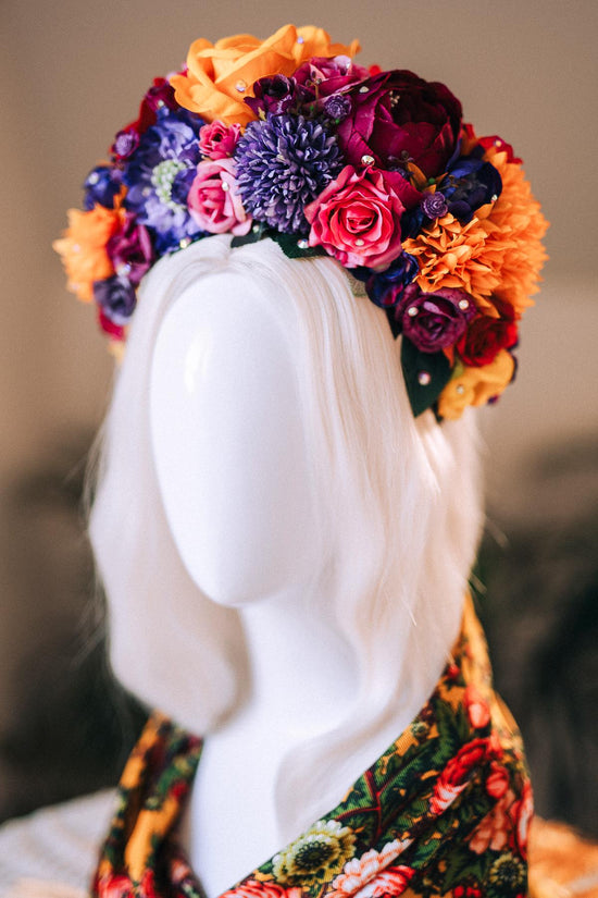 SALE Frida Kahlo Flower Crown, Colorful Halo Crown, Day Of The Dead Headpiece, Mexican Flower Tiara, Festival Costume, Frida Costume