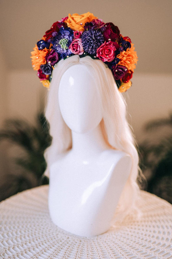 SALE Frida Kahlo Flower Crown, Colorful Halo Crown, Day Of The Dead Headpiece, Mexican Flower Tiara, Festival Costume, Frida Costume