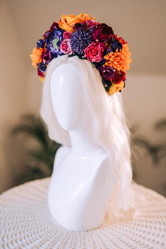 SALE Frida Kahlo Flower Crown, Colorful Halo Crown, Day Of The Dead Headpiece, Mexican Flower Tiara, Festival Costume, Frida Costume