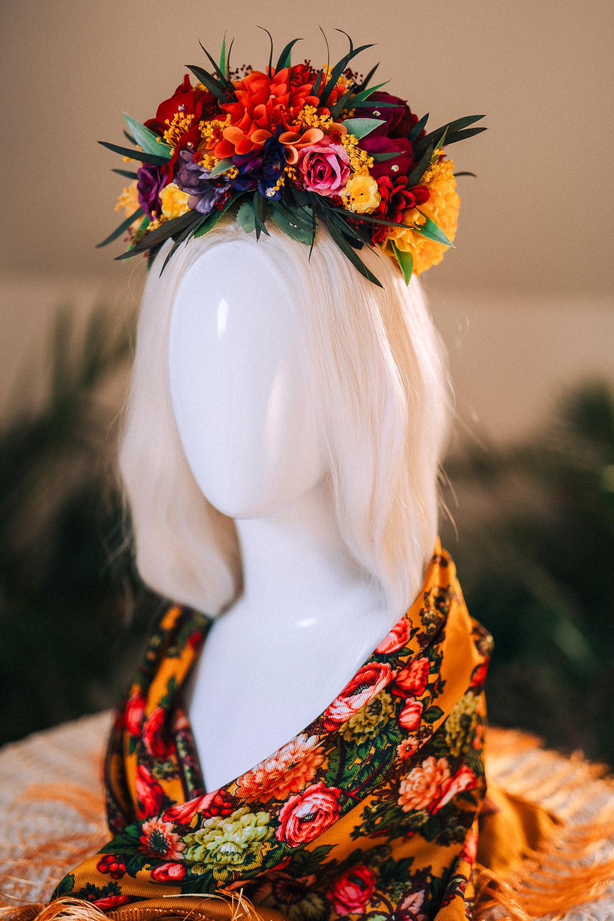 SALE Frida Kahlo Crown, Mexican Flower Crown, Day Of The Dead Headpiece, Colorful Halo Crown, Festival Tiara, Frida Costume, Floral