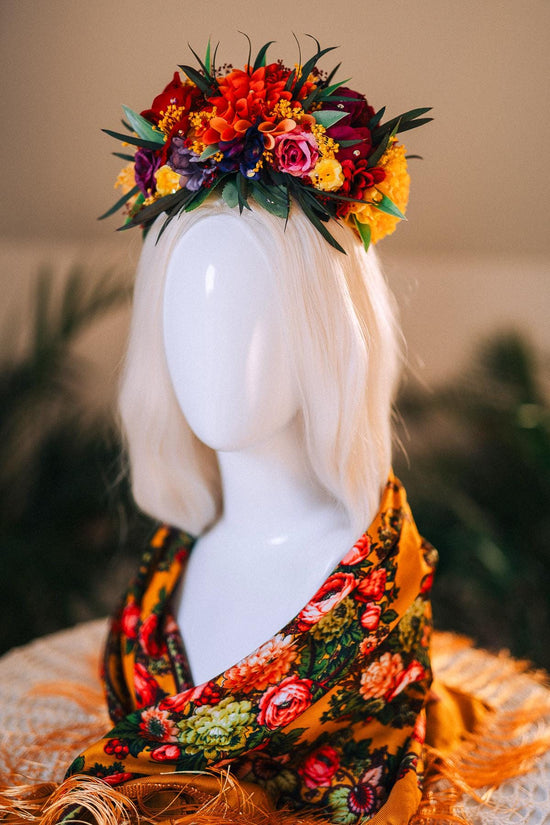 SALE Frida Kahlo Crown, Mexican Flower Crown, Day Of The Dead Headpiece, Colorful Halo Crown, Festival Tiara, Frida Costume, Floral