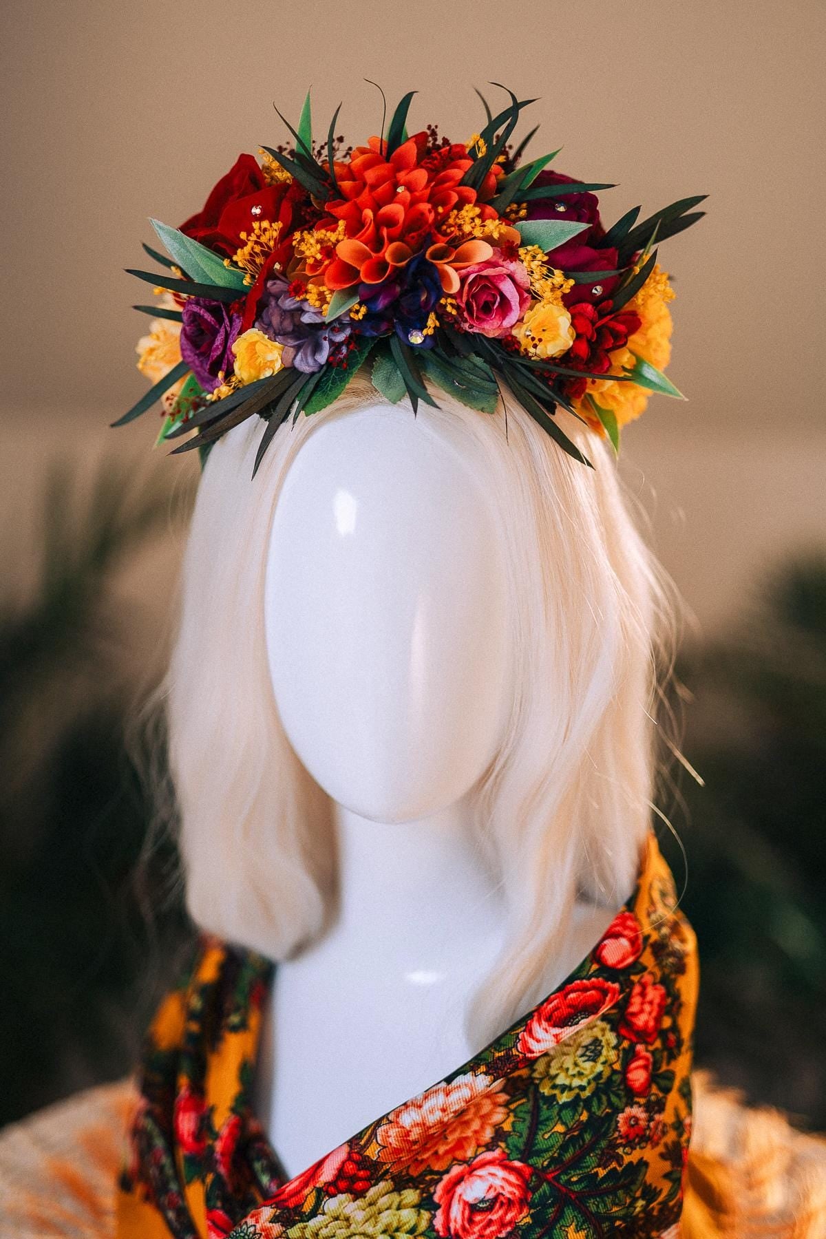 SALE Frida Kahlo Crown, Mexican Flower Crown, Day Of The Dead Headpiece, Colorful Halo Crown, Festival Tiara, Frida Costume, Floral