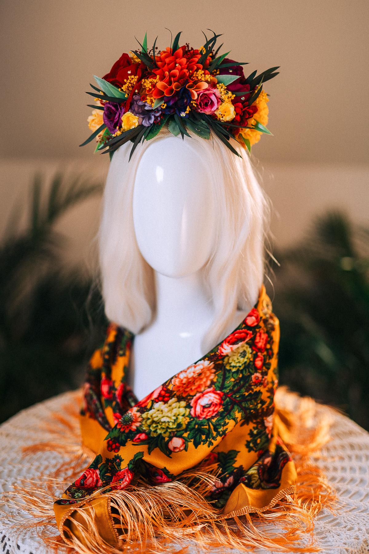 SALE Frida Kahlo Crown, Mexican Flower Crown, Day Of The Dead Headpiece, Colorful Halo Crown, Festival Tiara, Frida Costume, Floral