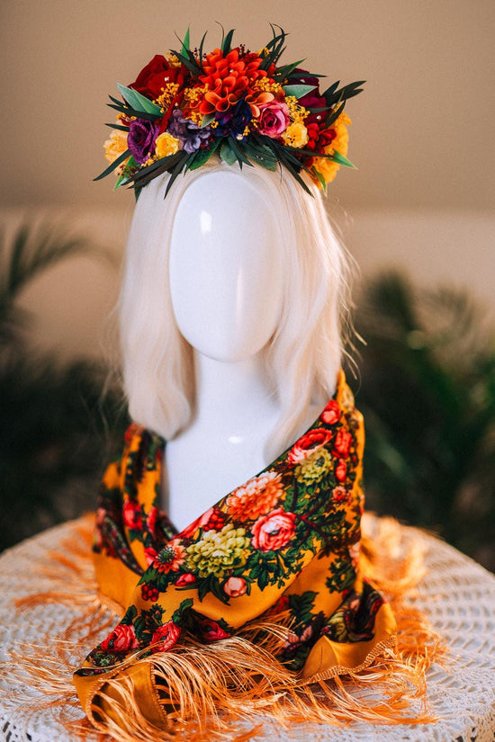 SALE Frida Kahlo Crown, Mexican Flower Crown, Day Of The Dead Headpiece, Colorful Halo Crown, Festival Tiara, Frida Costume, Floral