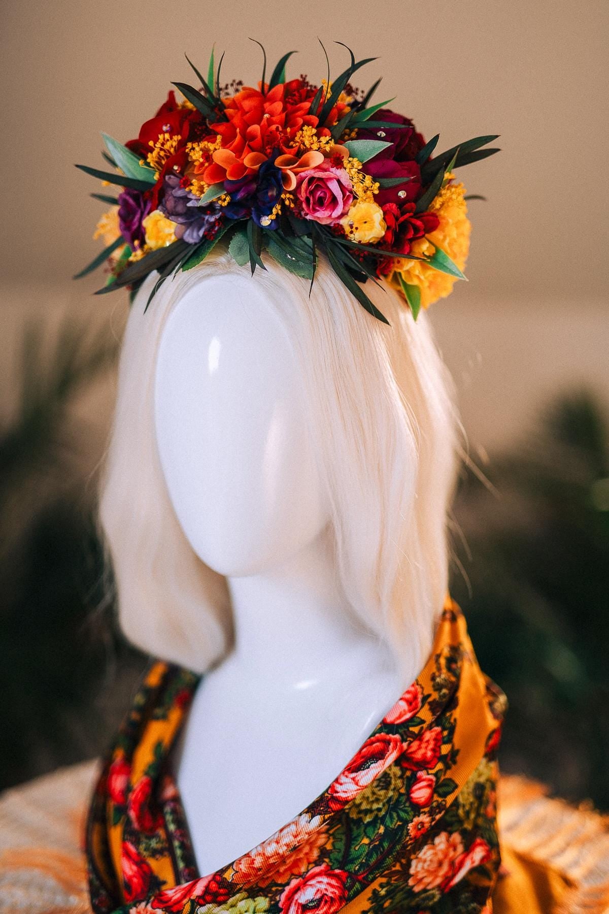 SALE Frida Kahlo Crown, Mexican Flower Crown, Day Of The Dead Headpiece, Colorful Halo Crown, Festival Tiara, Frida Costume, Floral