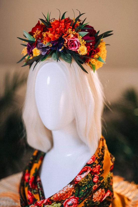 SALE Frida Kahlo Crown, Mexican Flower Crown, Day Of The Dead Headpiece, Colorful Halo Crown, Festival Tiara, Frida Costume, Floral
