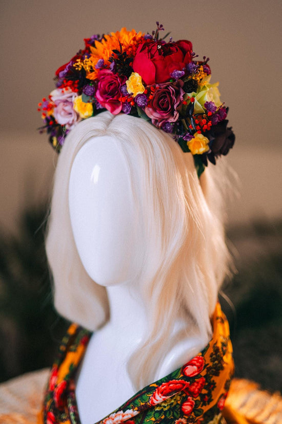 SALE Frida Kahlo Crown, Flower Tiara, Day Of The Dead Headpiece, Mexican Costume Crown, Colorful Floral Halo, Frida Accessory, Festival