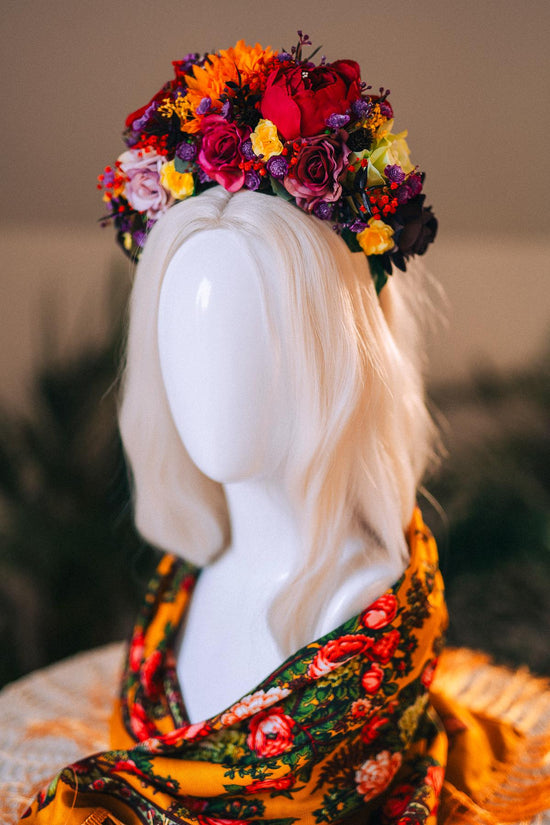 SALE Frida Kahlo Crown, Flower Tiara, Day Of The Dead Headpiece, Mexican Costume Crown, Colorful Floral Halo, Frida Accessory, Festival