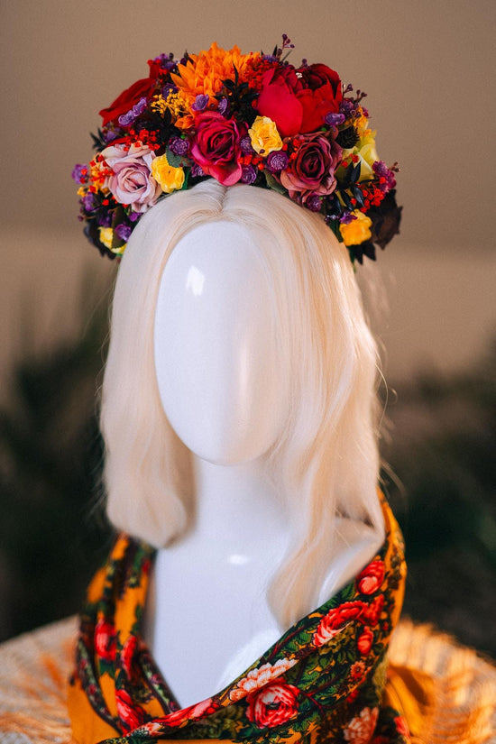 SALE Frida Kahlo Crown, Flower Tiara, Day Of The Dead Headpiece, Mexican Costume Crown, Colorful Floral Halo, Frida Accessory, Festival