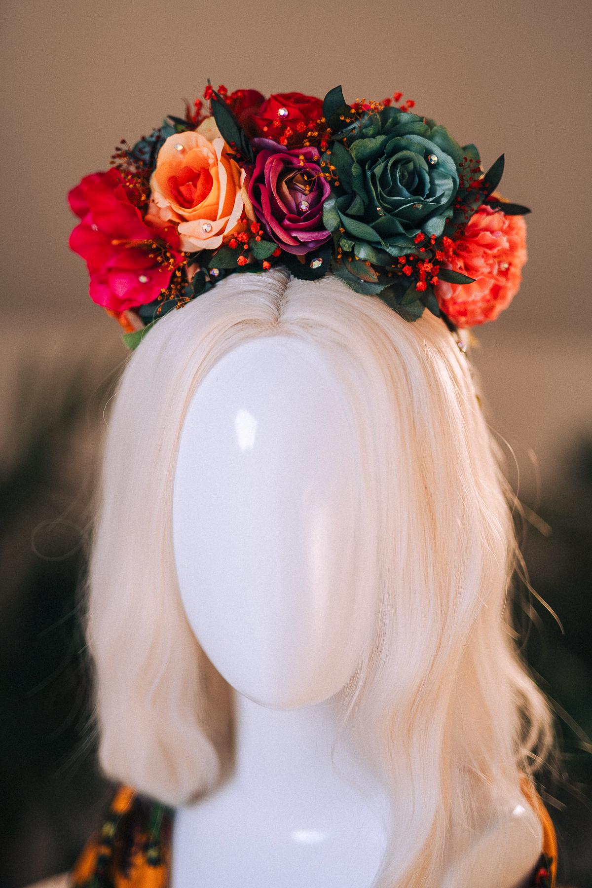 SALE Frida Kahlo Crown, Flower Tiara, Colorful Festival Headpiece, Day Of The Dead Crown, Mexican Costume, Floral Halo Crown, Frida