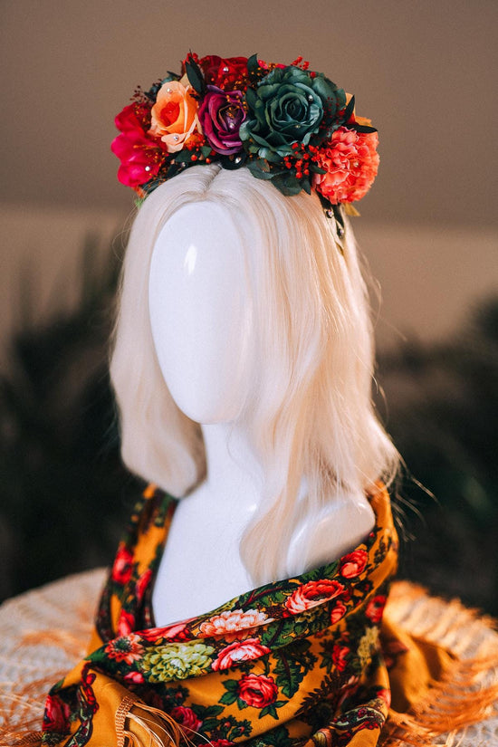 SALE Frida Kahlo Crown, Flower Tiara, Colorful Festival Headpiece, Day Of The Dead Crown, Mexican Costume, Floral Halo Crown, Frida