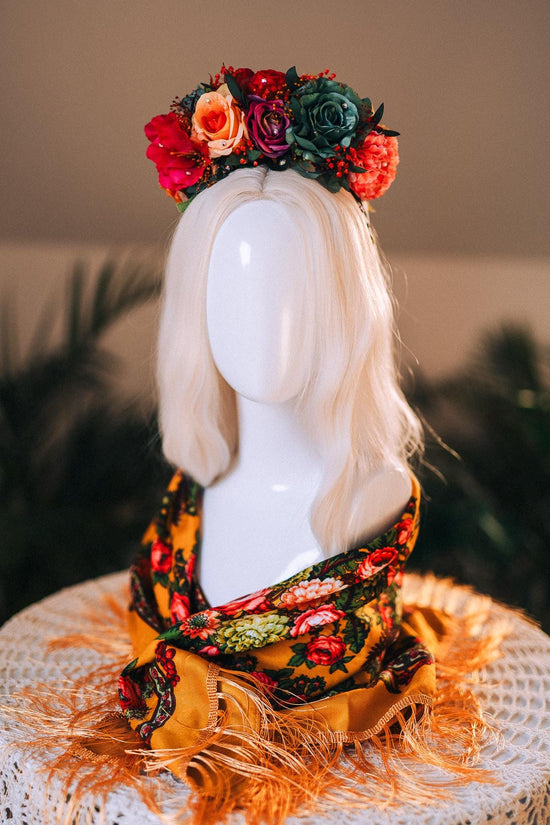 SALE Frida Kahlo Crown, Flower Tiara, Colorful Festival Headpiece, Day Of The Dead Crown, Mexican Costume, Floral Halo Crown, Frida