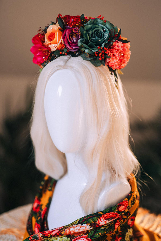 SALE Frida Kahlo Crown, Flower Tiara, Colorful Festival Headpiece, Day Of The Dead Crown, Mexican Costume, Floral Halo Crown, Frida