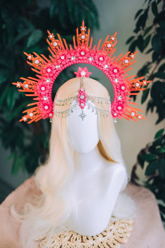 Pink Orange Festival Crown, Floral Goddess Headpiece, Boho Halo Crown, Statement Costume Accessory, Extravagant Headband