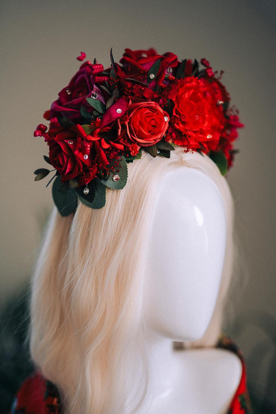 SALE Red Flower Crown, Frida Crown, Day Of The Dead Headpiece, Mexican Flower Tiara, Festival Crown, Frida Costume, La Catrina