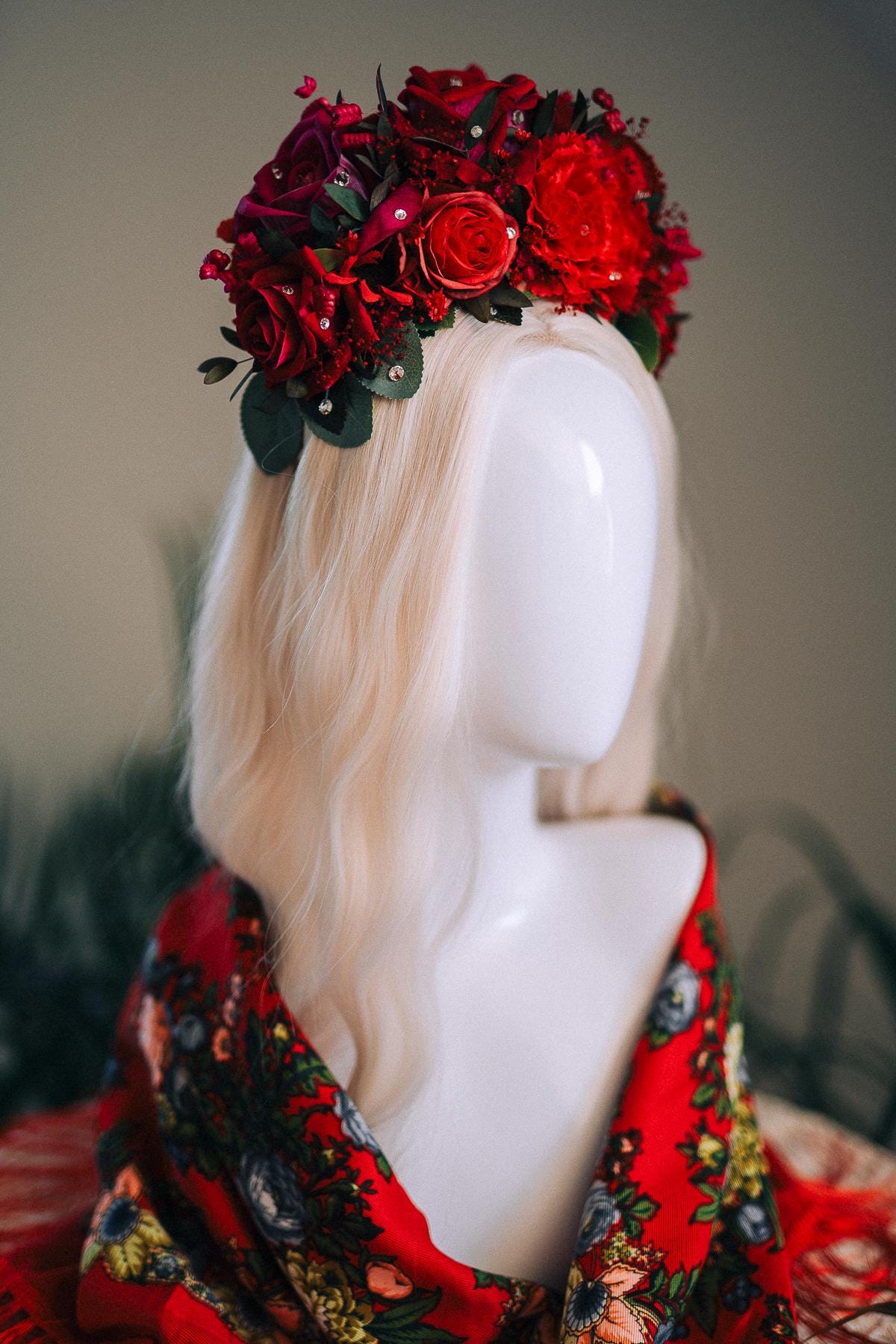 SALE Red Flower Crown, Frida Crown, Day Of The Dead Headpiece, Mexican Flower Tiara, Festival Crown, Frida Costume, La Catrina