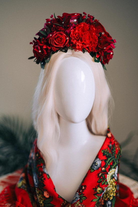 SALE Red Flower Crown, Frida Crown, Day Of The Dead Headpiece, Mexican Flower Tiara, Festival Crown, Frida Costume, La Catrina