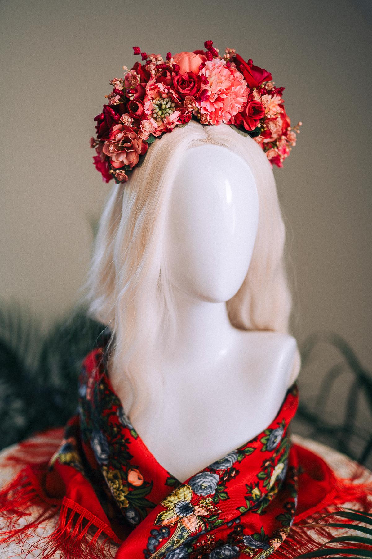 SALE Pink Flower Crown, Frida Kahlo Crown, Coral Floral Headpiece, Day Of The Dead Tiara, Mexican Flower Crown, Festival Headpiece, Frida