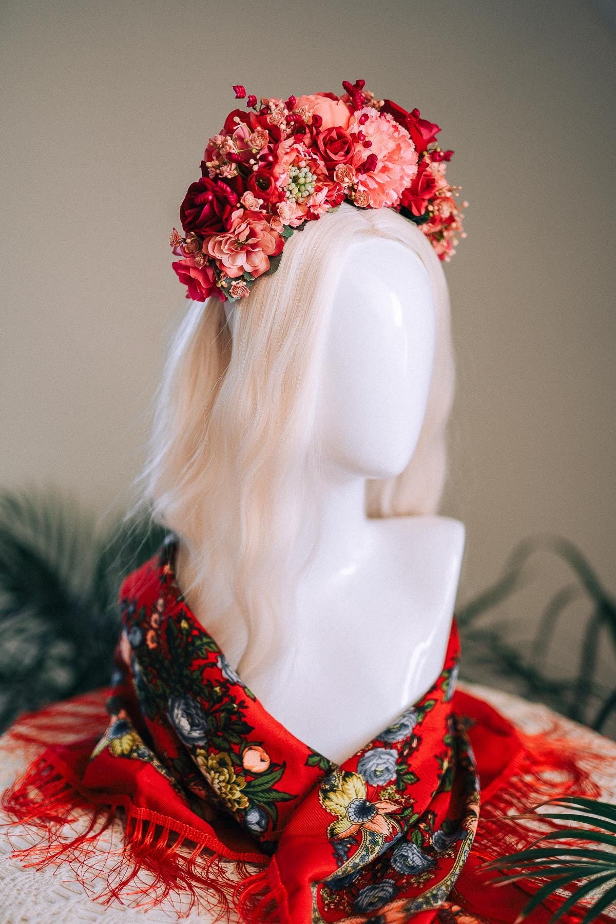 SALE Pink Flower Crown, Frida Kahlo Crown, Coral Floral Headpiece, Day Of The Dead Tiara, Mexican Flower Crown, Festival Headpiece, Frida