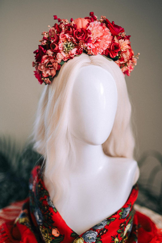 SALE Pink Flower Crown, Frida Kahlo Crown, Coral Floral Headpiece, Day Of The Dead Tiara, Mexican Flower Crown, Festival Headpiece, Frida