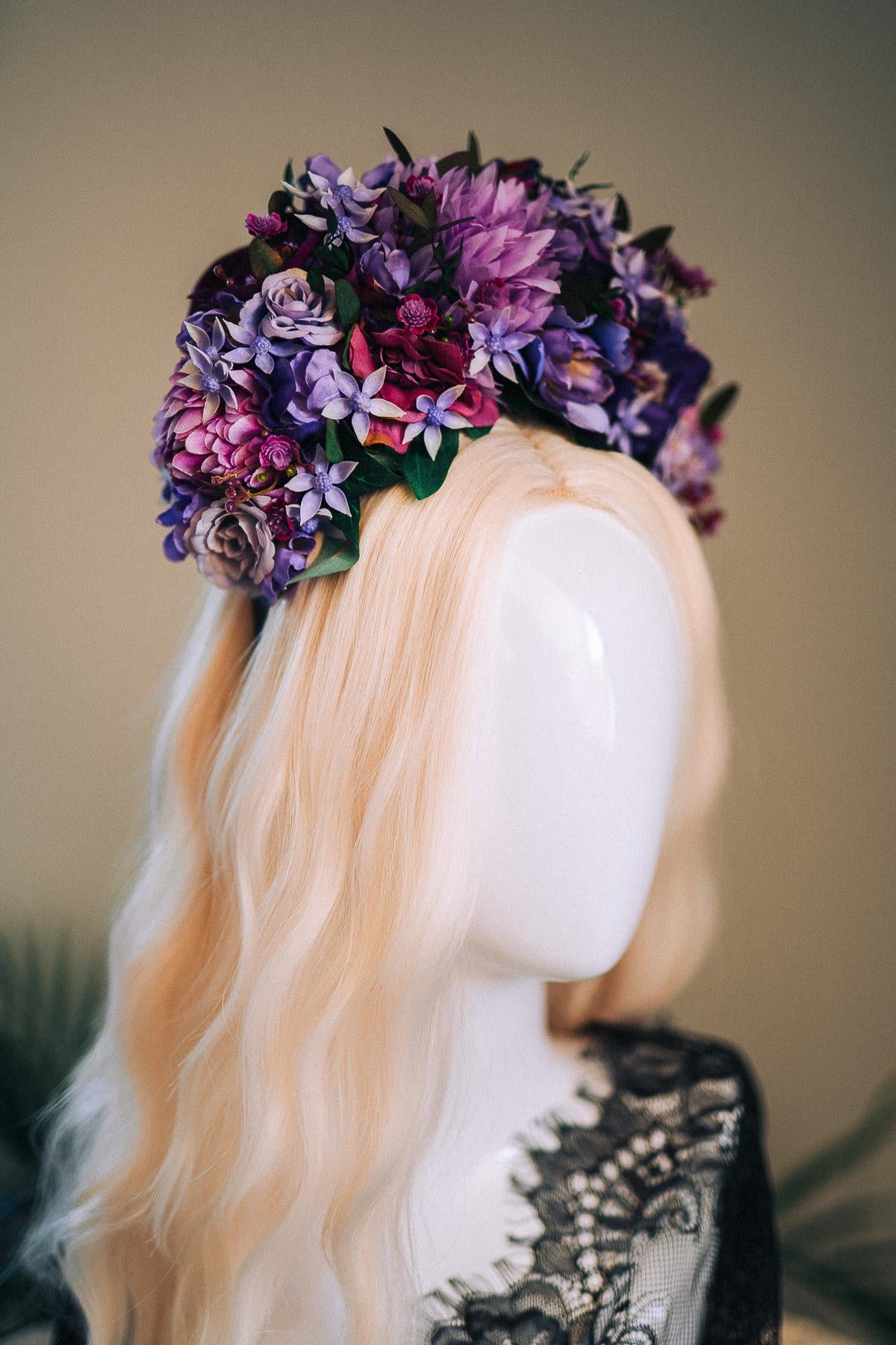 SALE Purple Flower Crown, Frida Kahlo Crown, Floral Headpiece, Day Of The Dead Tiara, Mexican Flower Crown, Festival Headpiece, Frida