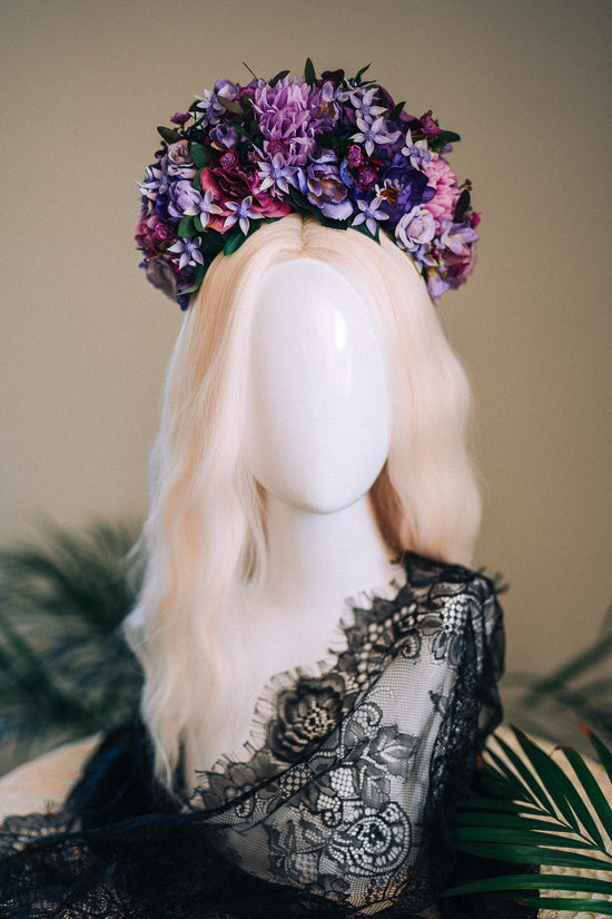 SALE Purple Flower Crown, Frida Kahlo Crown, Floral Headpiece, Day Of The Dead Tiara, Mexican Flower Crown, Festival Headpiece, Frida