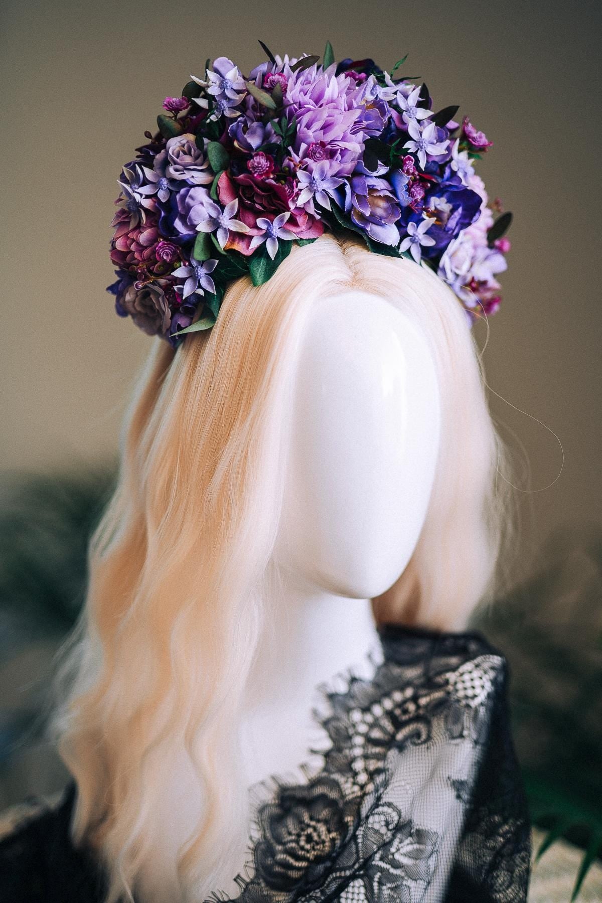 SALE Purple Flower Crown, Frida Kahlo Crown, Floral Headpiece, Day Of The Dead Tiara, Mexican Flower Crown, Festival Headpiece, Frida