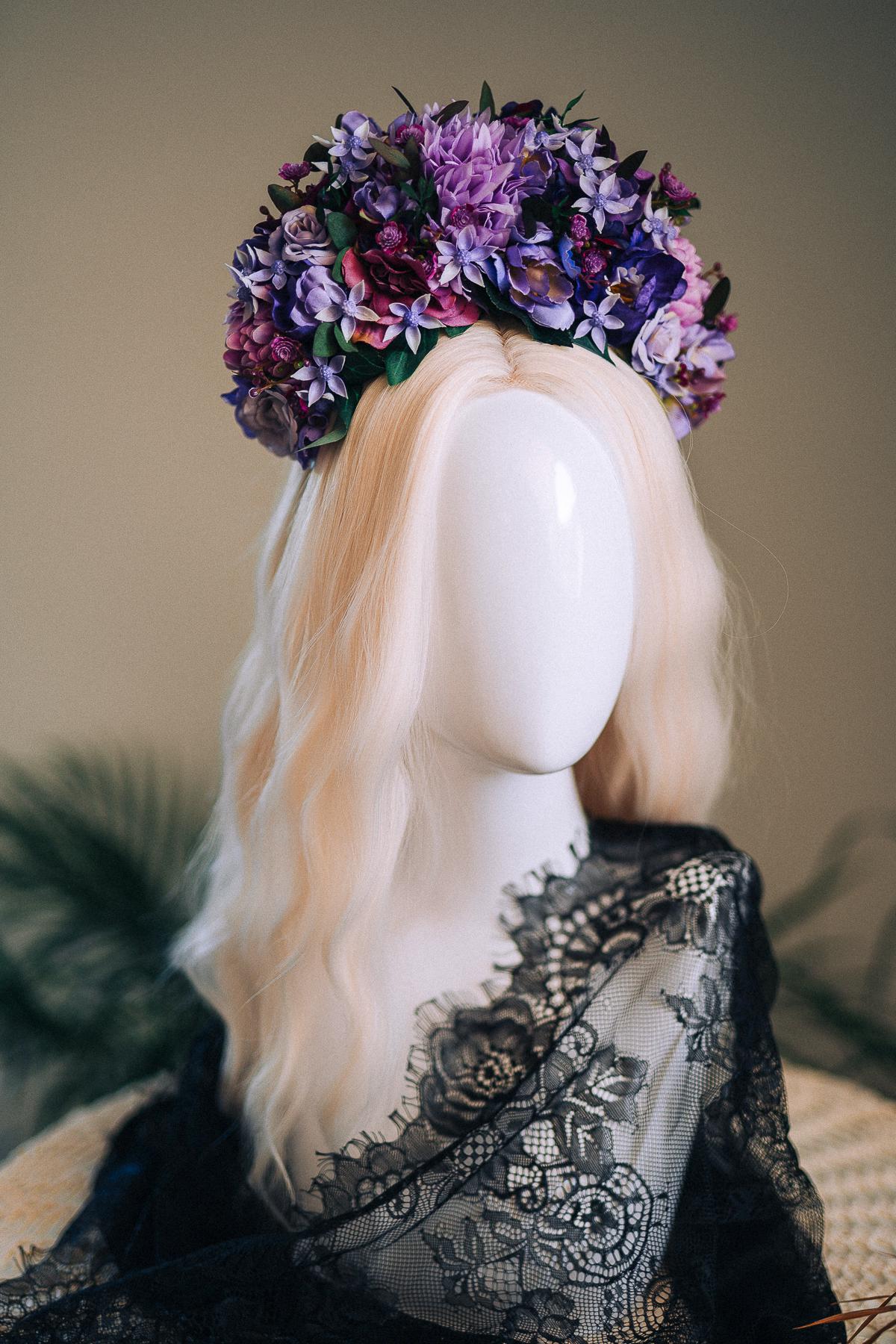 SALE Purple Flower Crown, Frida Kahlo Crown, Floral Headpiece, Day Of The Dead Tiara, Mexican Flower Crown, Festival Headpiece, Frida