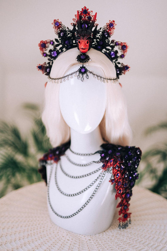 Dragon Queen Crown, Black Red Gothic Crown, Fantasy Horn Crown, Gothic Headpiece, Cosplay Crown, Mythical Goddess Crown