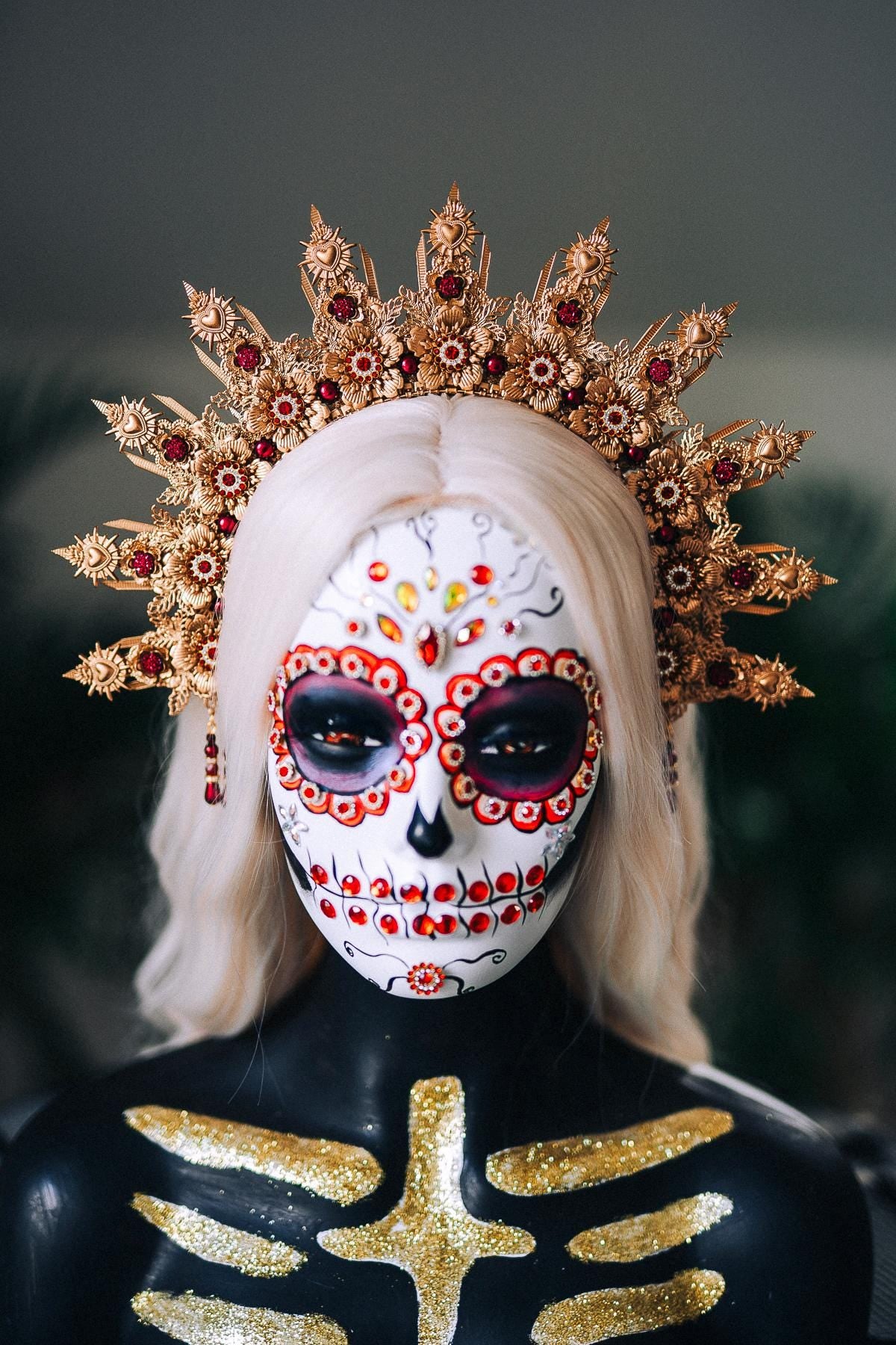 La Catrina Halo Crown, Gold Flower Halo, Dia De Los Muertos Crown, Burgundy Crystal Crown, Gothic Halo Tiara, Halloween Costume Crown