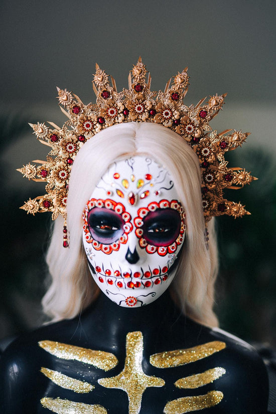 La Catrina Halo Crown, Gold Flower Halo, Dia De Los Muertos Crown, Burgundy Crystal Crown, Gothic Halo Tiara, Halloween Costume Crown