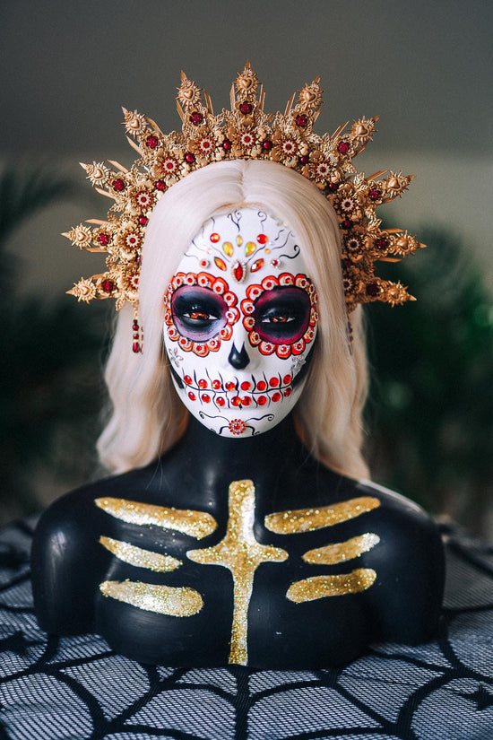 La Catrina Halo Crown, Gold Flower Halo, Dia De Los Muertos Crown, Burgundy Crystal Crown, Gothic Halo Tiara, Halloween Costume Crown