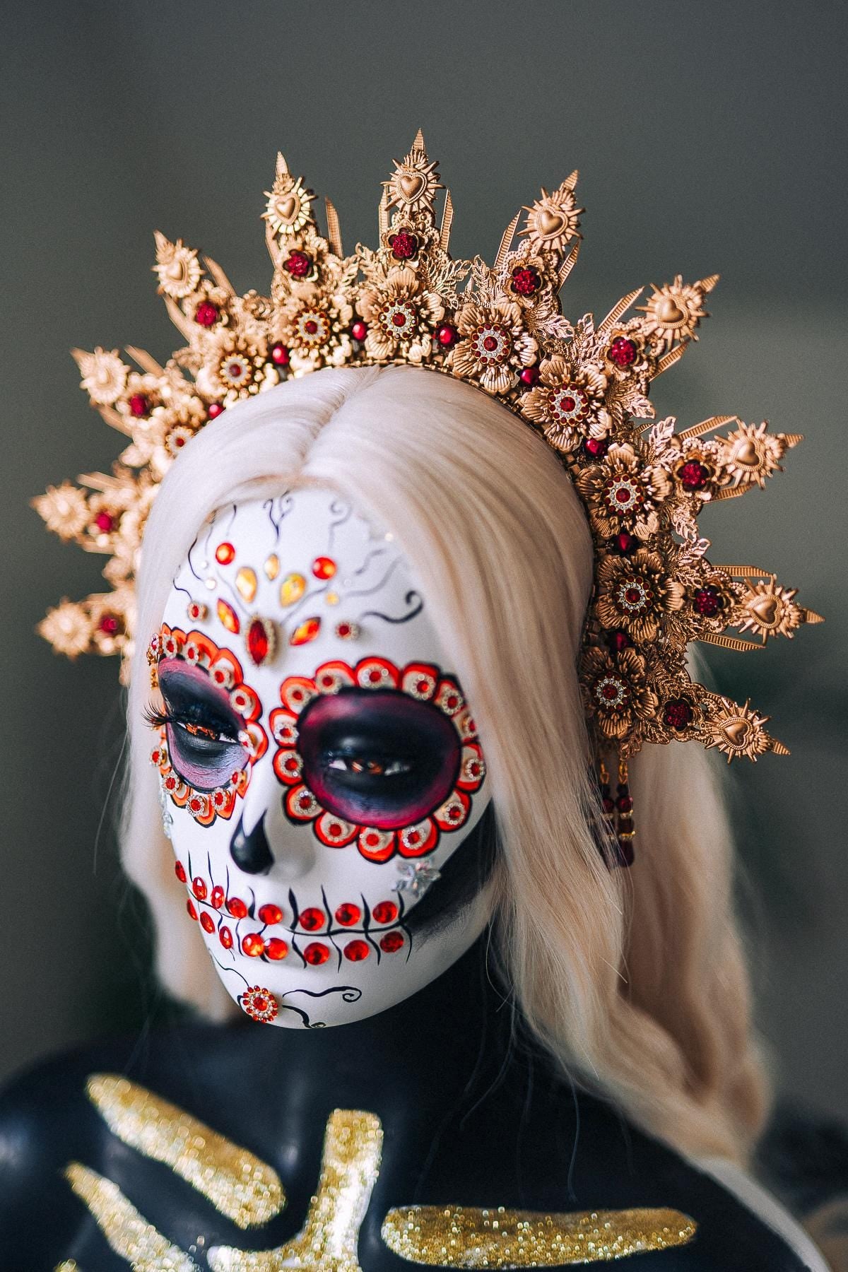La Catrina Halo Crown, Gold Flower Halo, Dia De Los Muertos Crown, Burgundy Crystal Crown, Gothic Halo Tiara, Halloween Costume Crown