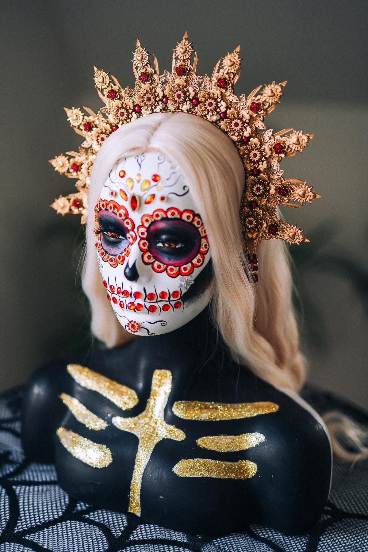 La Catrina Halo Crown, Gold Flower Halo, Dia De Los Muertos Crown, Burgundy Crystal Crown, Gothic Halo Tiara, Halloween Costume Crown