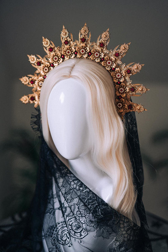 La Catrina Halo Crown, Gold Flower Halo, Dia De Los Muertos Crown, Burgundy Crystal Crown, Gothic Halo Tiara, Halloween Costume Crown