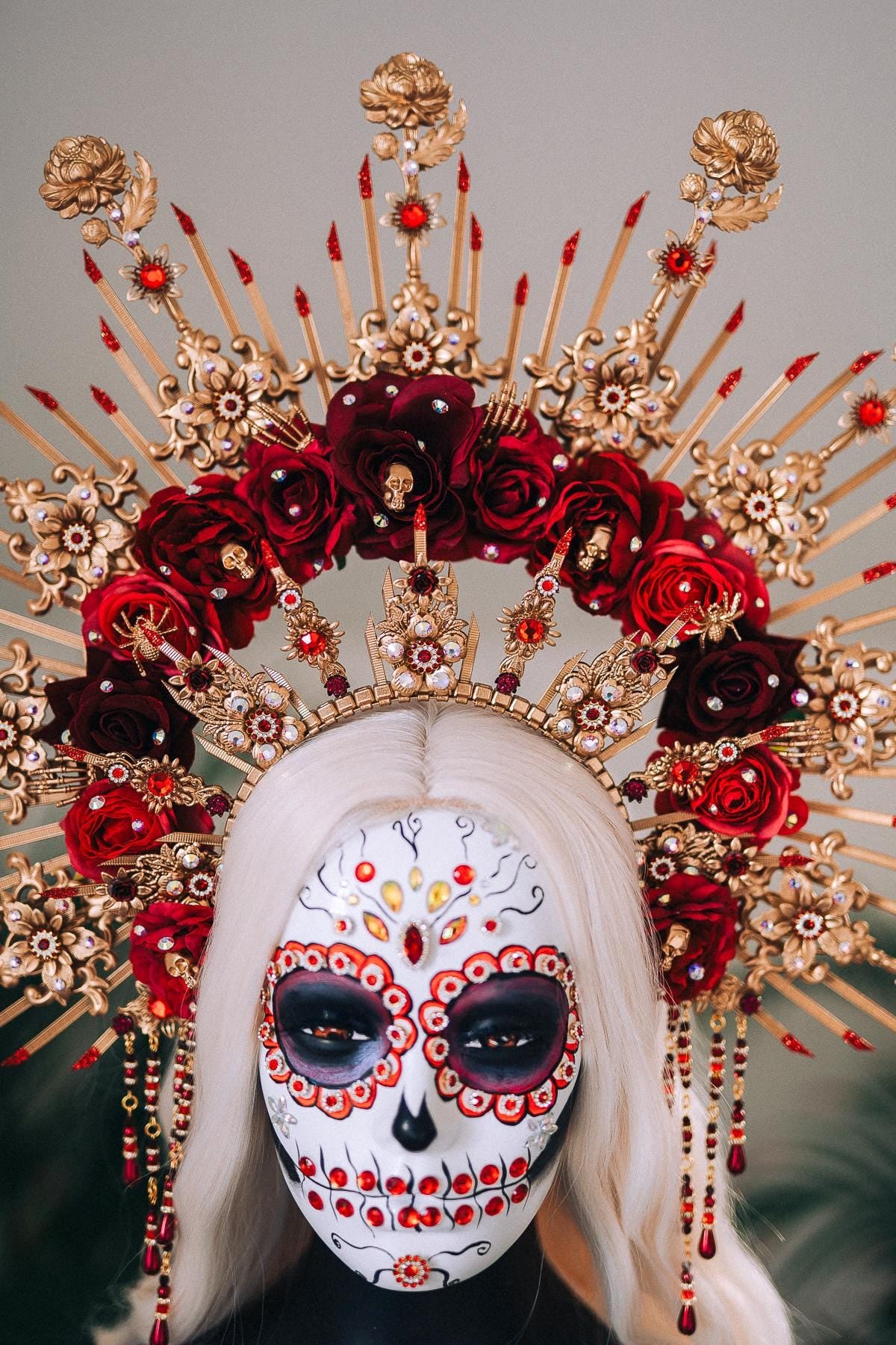La Catrina Crown, Gold Flower Crown, Dia De Los Muertos Headpiece, Red Burgundy Flower Crown, Gothic Festival Tiara, Halloween Costume Crown
