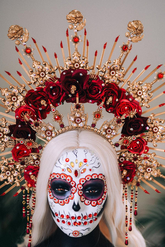 La Catrina Crown, Gold Flower Crown, Dia De Los Muertos Headpiece, Red Burgundy Flower Crown, Gothic Festival Tiara, Halloween Costume Crown