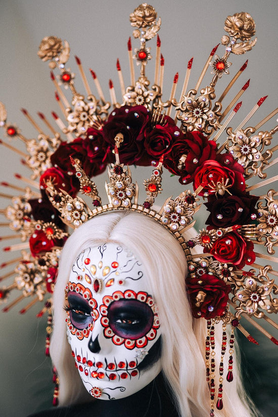 La Catrina Crown, Gold Flower Crown, Dia De Los Muertos Headpiece, Red Burgundy Flower Crown, Gothic Festival Tiara, Halloween Costume Crown