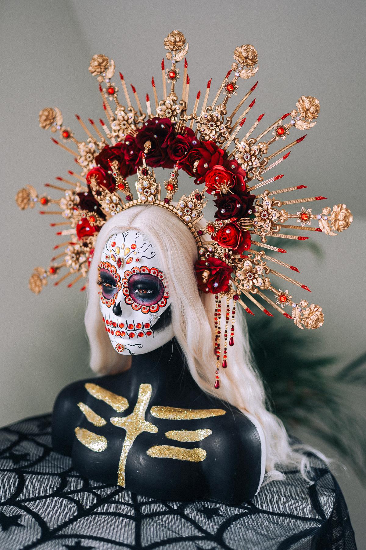 La Catrina Crown, Gold Flower Crown, Dia De Los Muertos Headpiece, Red Burgundy Flower Crown, Gothic Festival Tiara, Halloween Costume Crown