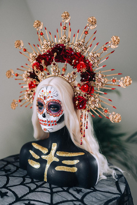 La Catrina Crown, Gold Flower Crown, Dia De Los Muertos Headpiece, Red Burgundy Flower Crown, Gothic Festival Tiara, Halloween Costume Crown