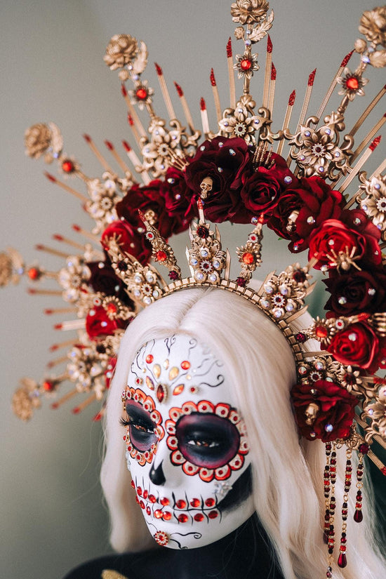La Catrina Crown, Gold Flower Crown, Dia De Los Muertos Headpiece, Red Burgundy Flower Crown, Gothic Festival Tiara, Halloween Costume Crown