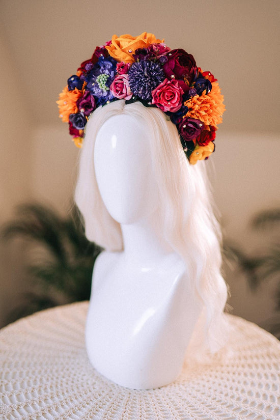 SALE Frida Kahlo Flower Crown, Colorful Halo Crown, Day Of The Dead Headpiece, Mexican Flower Tiara, Festival Costume, Frida Costume
